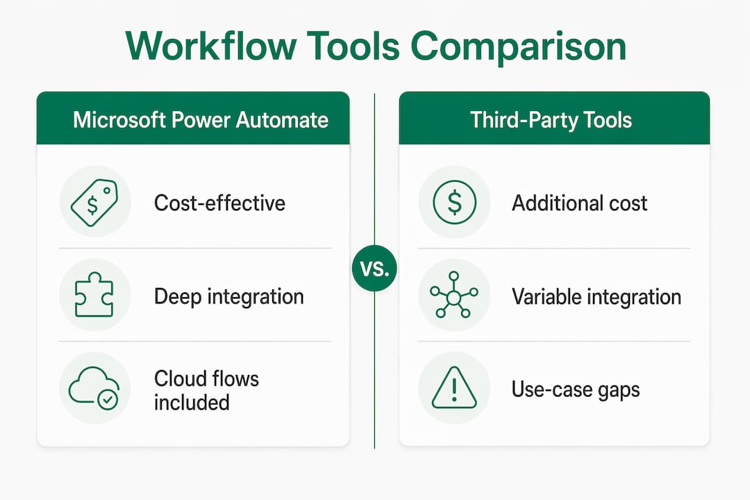 Comparison infographic of Microsoft workflow tools versus third-party options