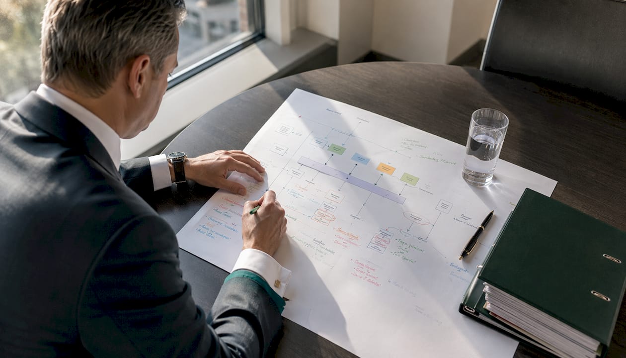 Hands reviewing workflow documents in meeting room
