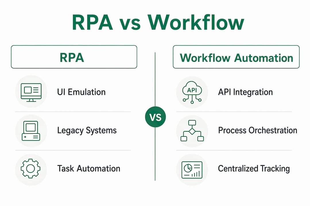 Infographic comparing RPA and workflow automation features