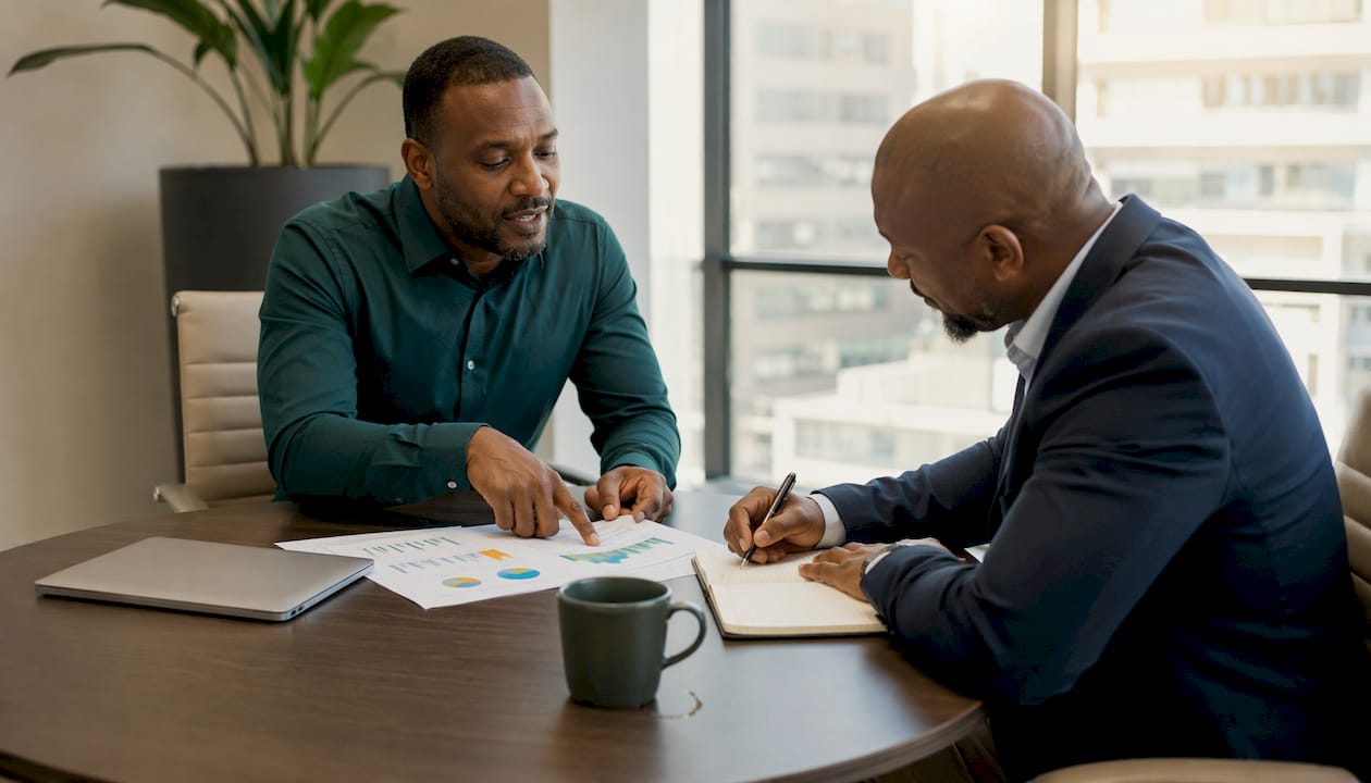 Two men analyzing Microsoft Adoption Score report