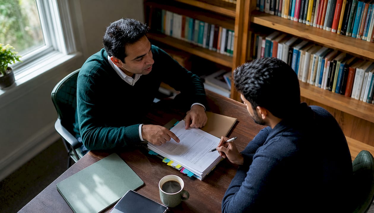 Two professionals discussing AI governance RACI matrix