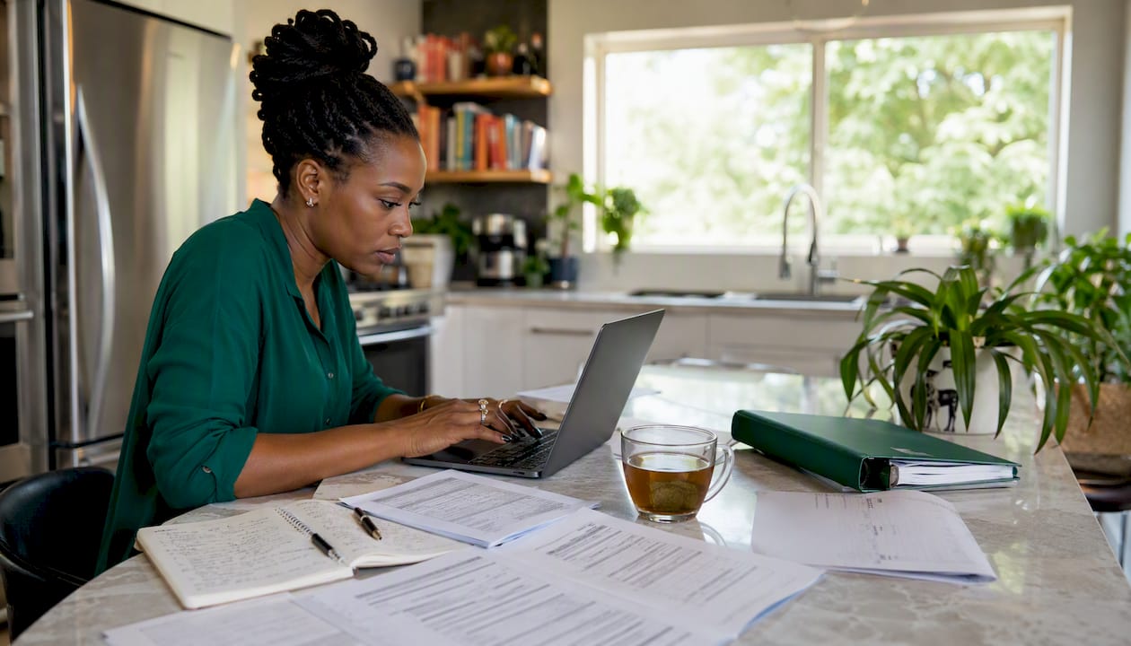 Hands typing migration plans in co-working space