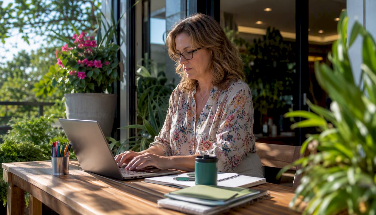Woman typing Copilot queries in office