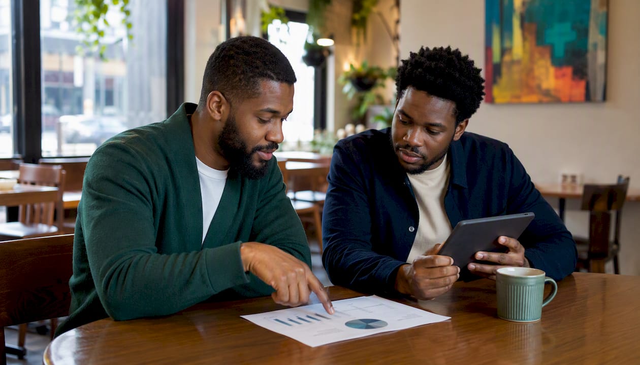 Two men discussing pilot ROI in meeting room