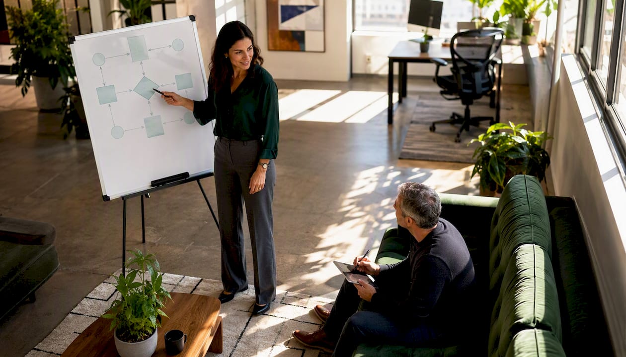 Project manager leading Copilot workflow discussion in conference room