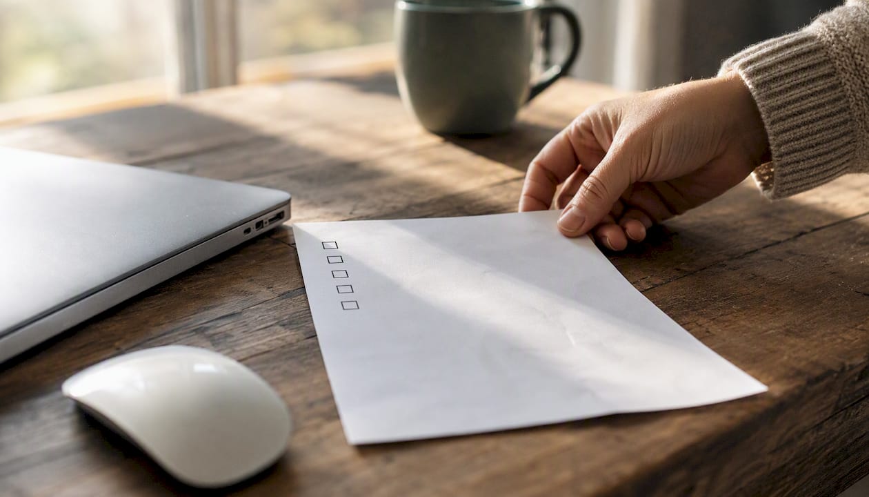 Hand placing task checklist next to laptop