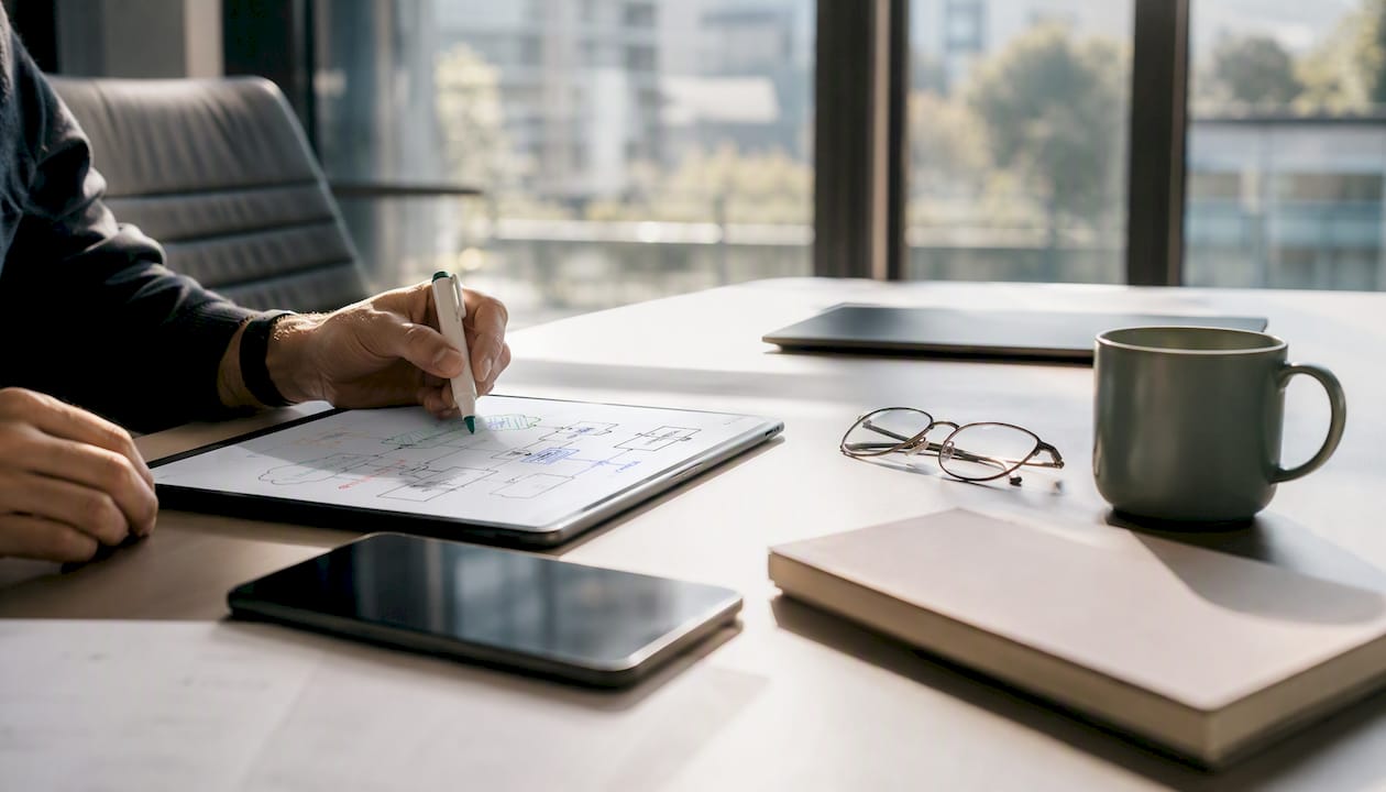 Hand arranging planning materials for AI billing pilot