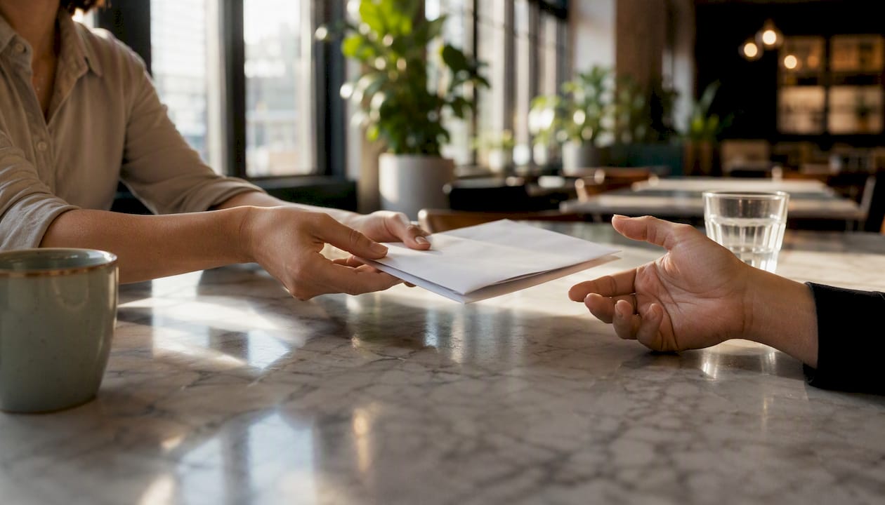 Hand passing monthly newsletter on table