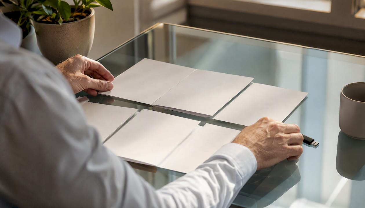 Hands preparing contract intake workflow materials