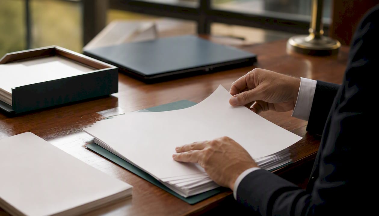 Hands arranging contract documents on desk