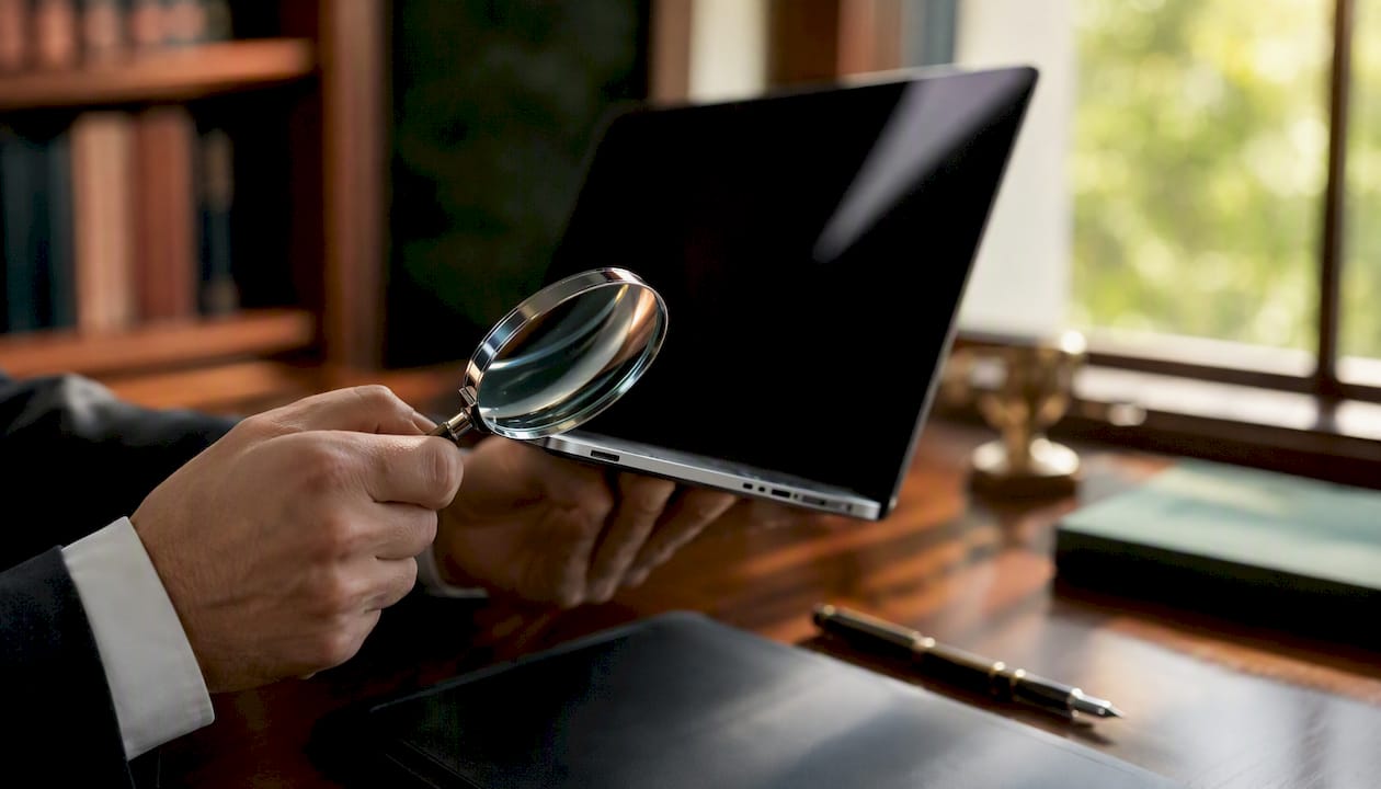 Hands inspecting laptop screen for accuracy