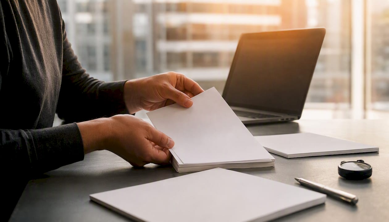 Hands adjusting legal memo templates on desk
