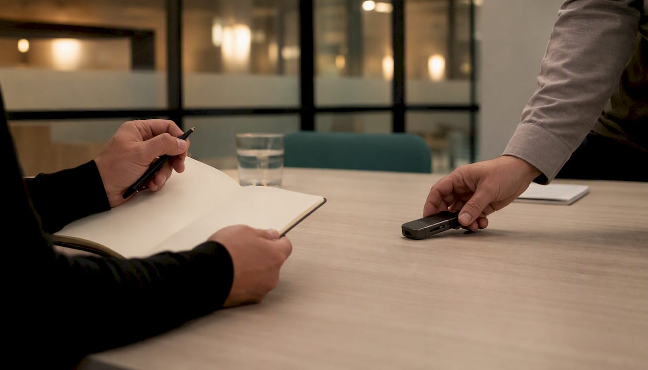 Hands with notebook and digital recorder on table