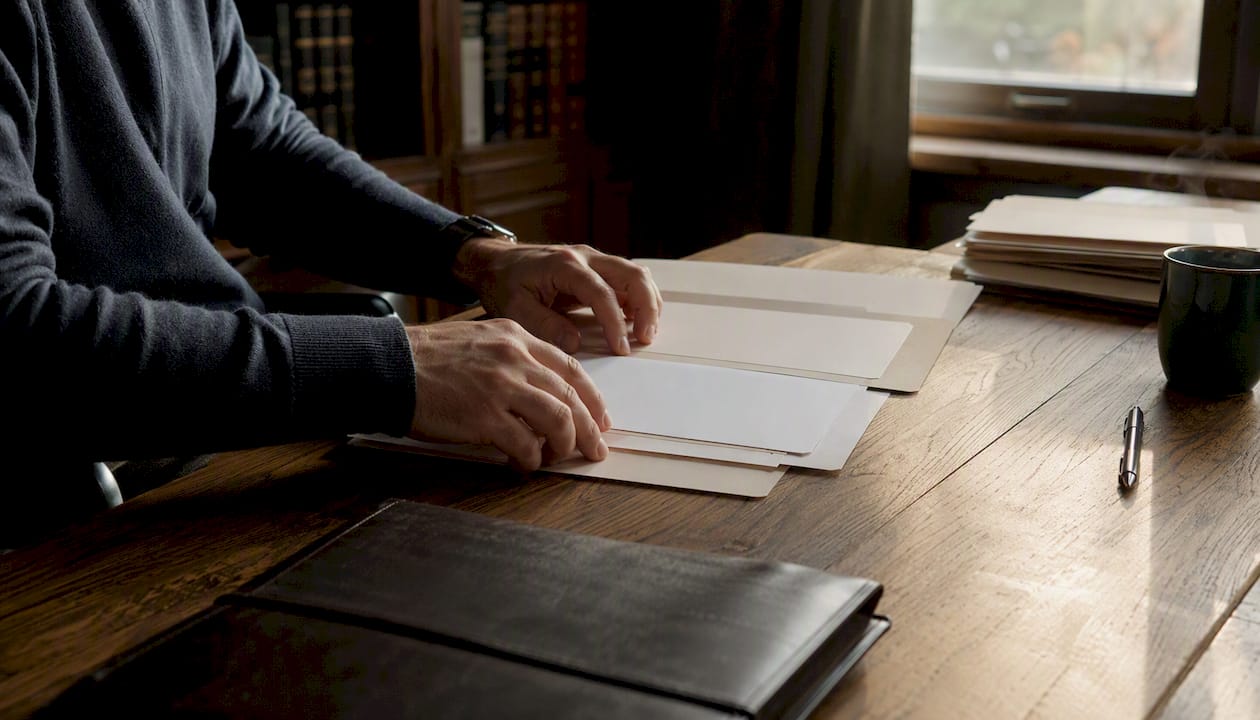 Hands arranging memo structure templates on desk