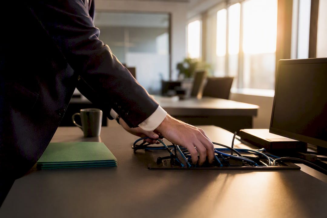Hand unplugging Ethernet cable in office