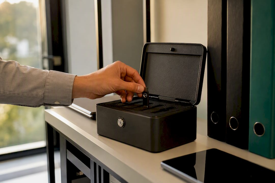 Hand removing security token from lockbox