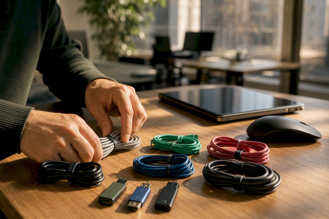 Hands organizing digital cables and USB drives on desk